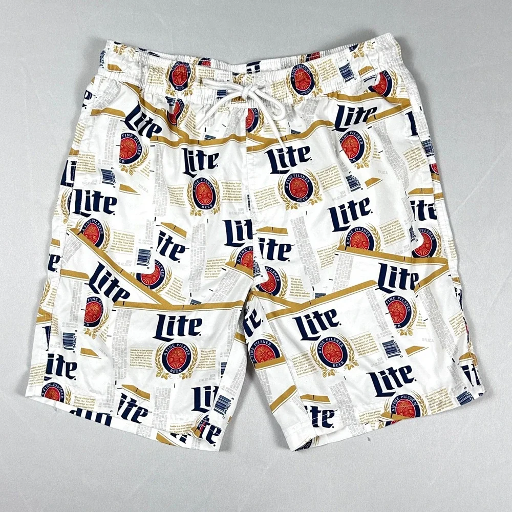 Miller Lite Beer Label Swim Trunks Men's Small White Logo Print Board Shorts